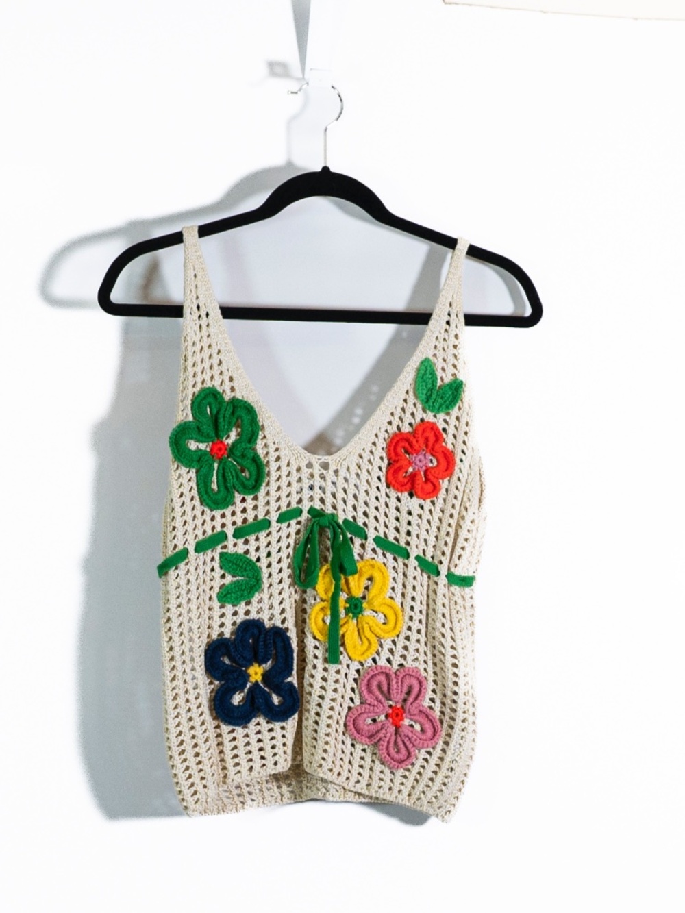 Zara Crochet Cream Tank Top with Multicolor Floral Appliqués